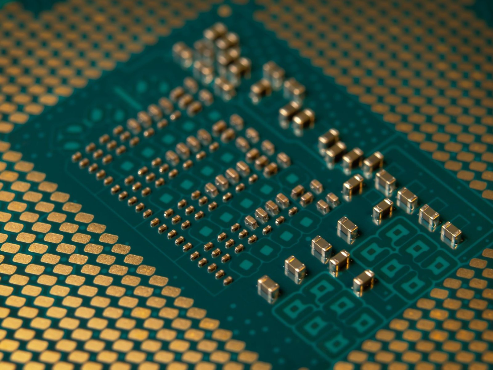 Detailed close-up of a microprocessor circuit board showcasing intricate circuitry and components.