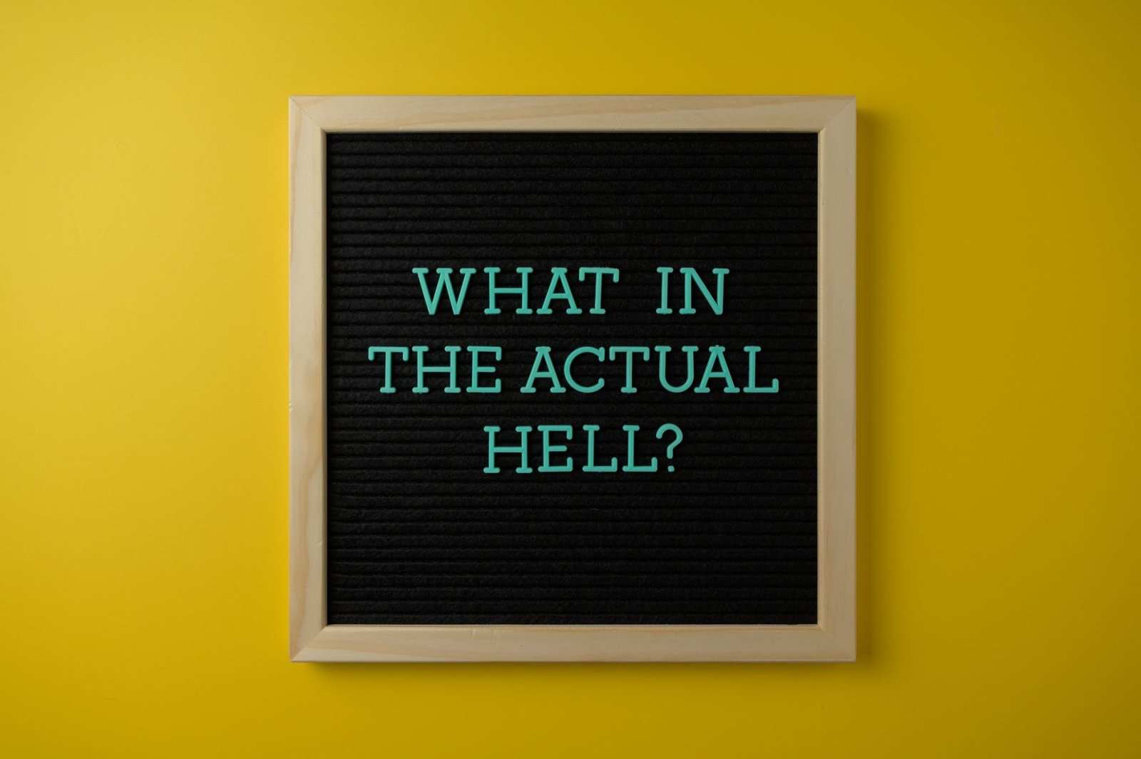 Letter board with humorous quote 'What in the actual hell?' on a vibrant yellow backdrop.