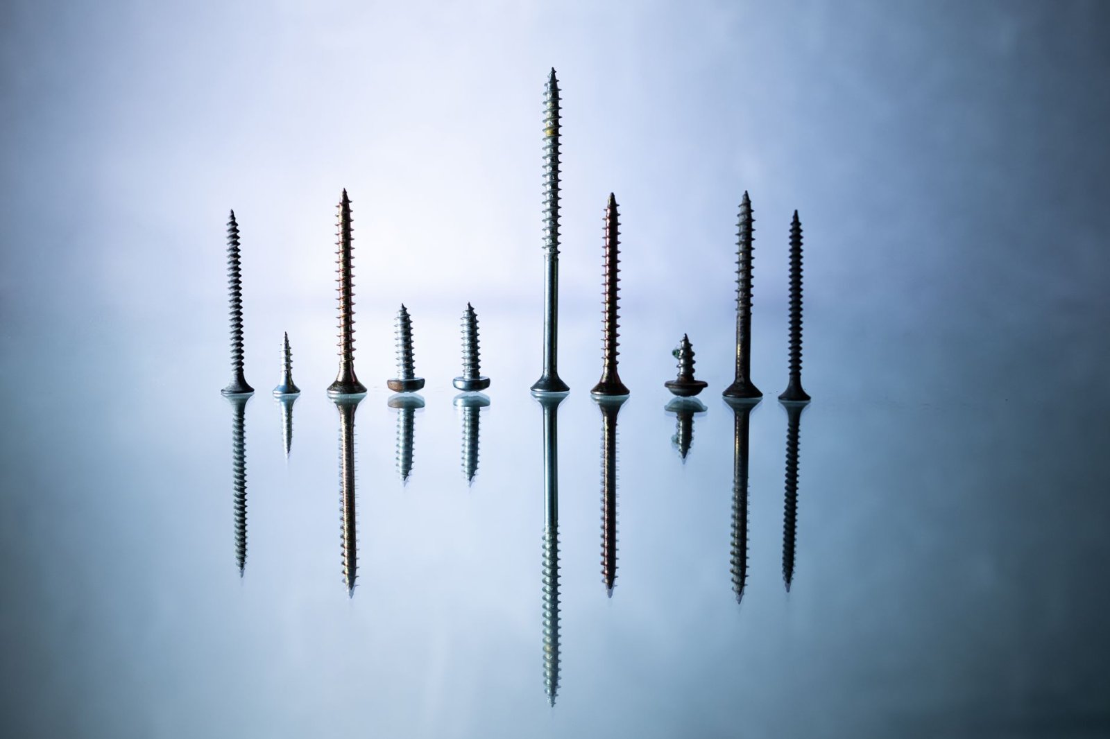 Artistic shot of various screws standing on a reflective surface against a blue-gray background.